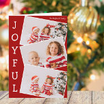Cartão De Festividades Natal clássico da colagem de fotos da família verm<br><div class="desc">Cartão de colagem de fotos vermelho moderno de Natal com 3 fotos de crianças em um padrão divertido de fotos sobrepostas com borda branca e a palavra Joyful escrita verticalmente ao lado. Encontre suas três fotos favoritas para este cartão de feriado da família.</div>