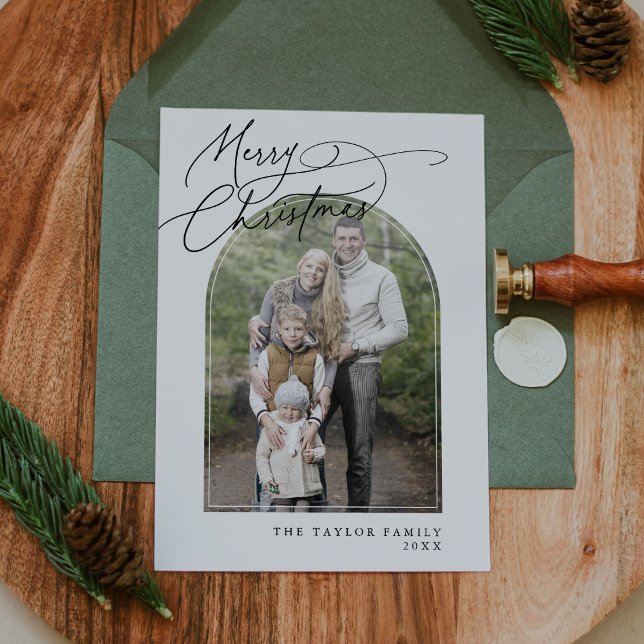 Cartão De Festividades Natal clássico da família DARCY Black Arch (DARCY Black Arch Family Classic Photo Christmas Holiday Card)