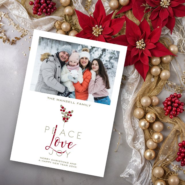 Cartão De Festividades Natal Clássico Holly Branches Feriados C (Classic Classy & Elegant Christmas Holly Branches Holidays Cards with Family Photo.)