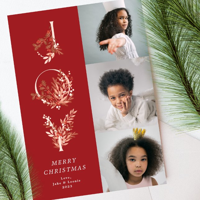Cartão De Festividades Natal Clássico Vermelho Leafy Bold JOY Foto (Criador carregado)