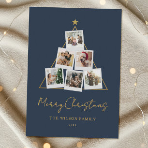 Cartão De Festividades Natal Colagem de Fotos Moderno em Azul e Dourado