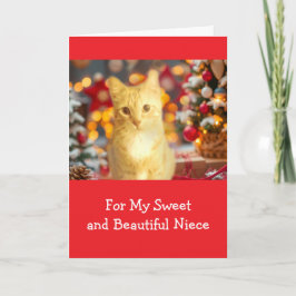 Cartão De Festividades Natal com a Sobrinha e Gatinho Ruivo Fofo