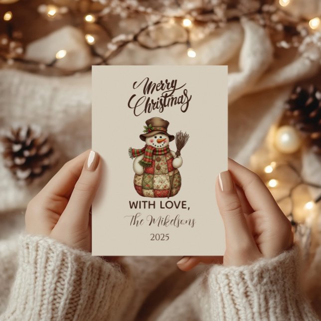 Cartão De Festividades Natal com Boneco de Neve em Patchwork Rústico (Criador carregado)