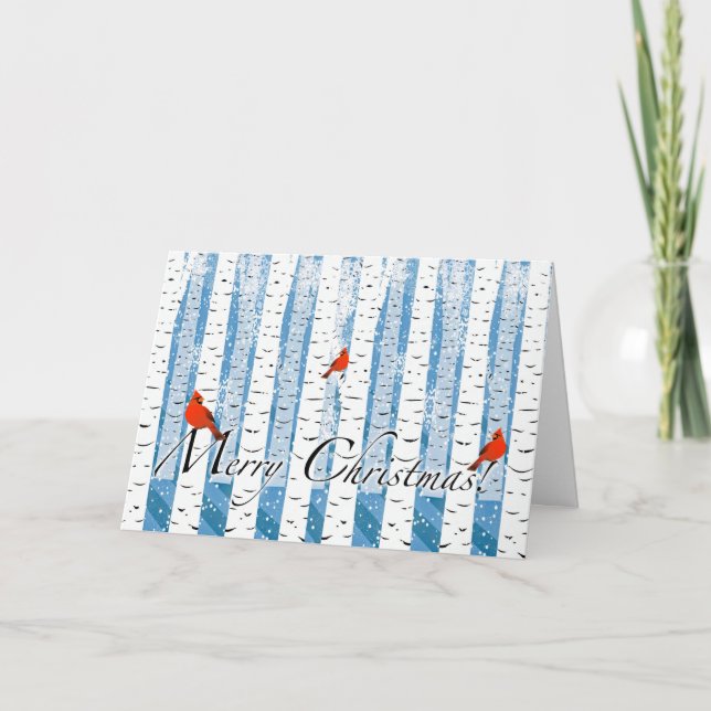 Cartão De Festividades Natal com Cardeais na Floresta de Birmanês e Neve (Frente)