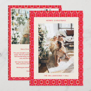 Cartão De Festividades Natal com Carta de Foto Rosa e Vermelho Groovy Ret