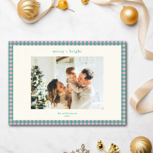 Cartão De Festividades Natal com duas fotos personalizadas em xadrez rosa