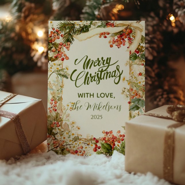 Cartão De Festividades Natal com Folhas de Azevinho Rústico (Criador carregado)