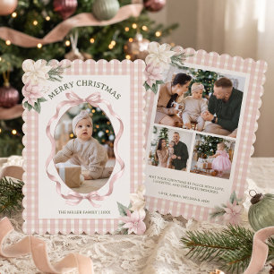 Cartão De Festividades Natal com Foto da Família e Laço Rosa Gingham