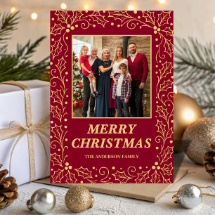 Cartão De Festividades Natal com Foto da Família em Burgundy e Dourado An