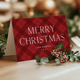Cartão De Festividades Natal com Tipografia Elegante e Xadrez Vermelho Mo