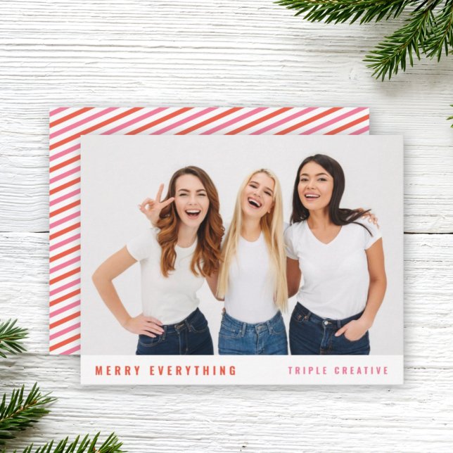Cartão De Festividades Natal comercial | Foto divertida da equipe de Na m (Fun modern team photo card with vibrant pink and red festive colour palette)