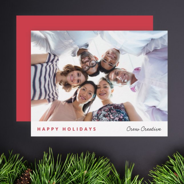 Cartão De Festividades Natal comercial | Red. Fotografia da Equipe de Div (Corporate team photo card with handwritten company name and bright red festive background)