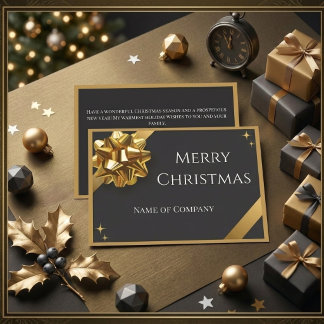 Cartão De Festividades Natal Corporativo Preto e Dourado Elegante com Laç