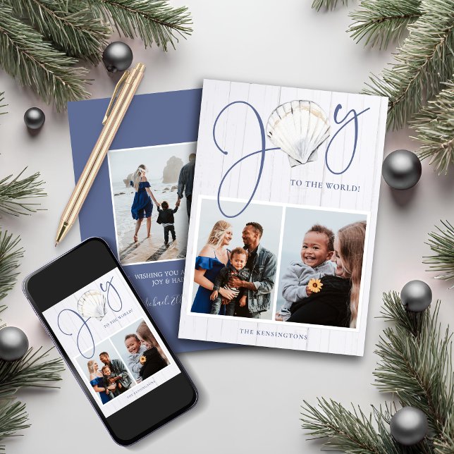 Cartão De Festividades Natal Costeiro Joy Seashell Holiday 3 Fotografias (Coastal Christmas Joy Seashell 3 Photos Holiday Card)