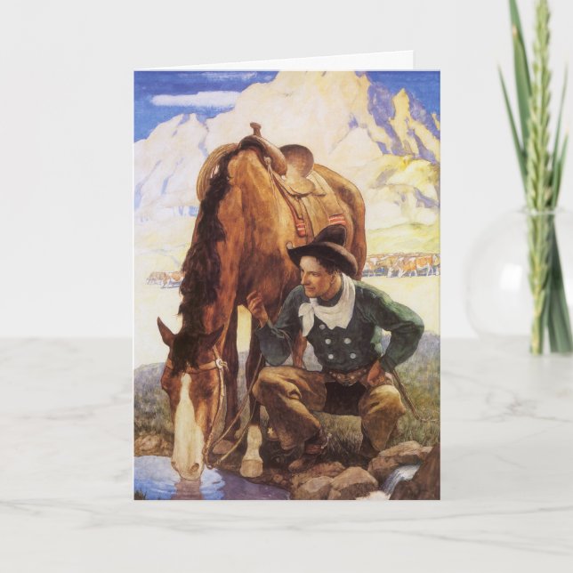 Cartão De Festividades Natal, Cowboy Cuidando do Cavalo pelo NC Wyeth (Frente)
