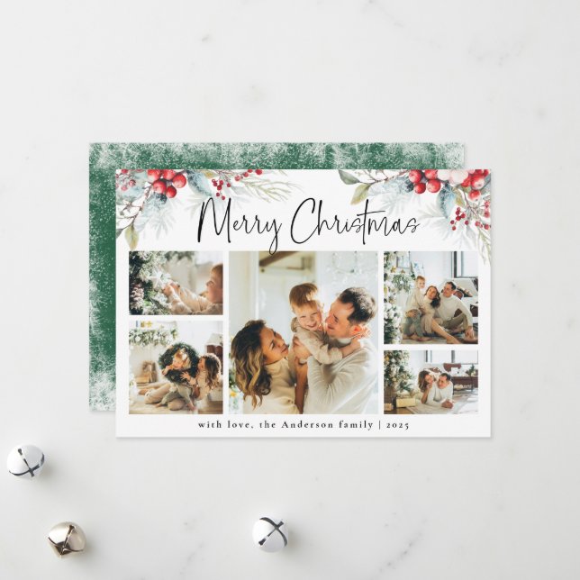 Cartão De Festividades Natal da Colagem de Fotos Botânica Elegante Verde (Frente/Verso In Situ)
