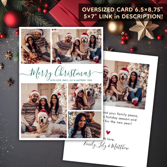 Cartão De Festividades Natal da Colagem de Fotos do Elegant Green Script  (Criador carregado)