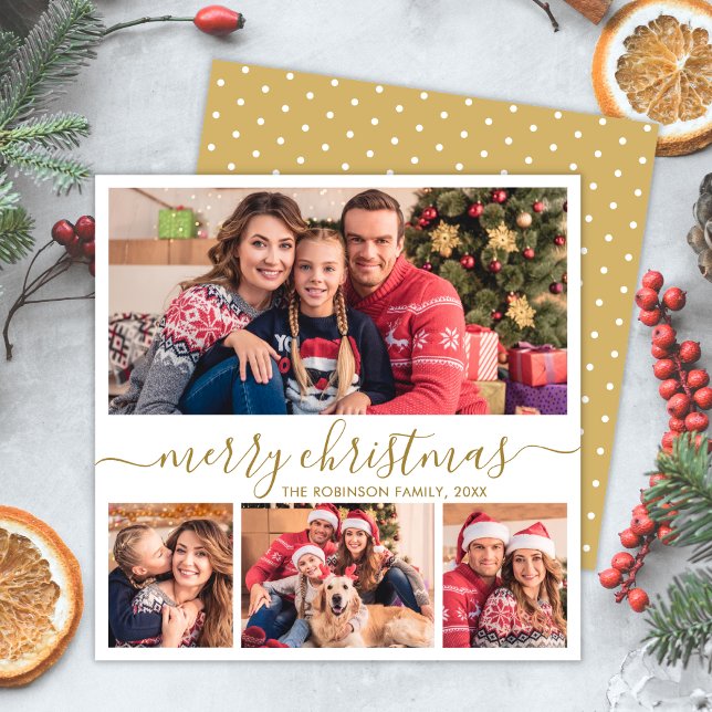 Cartão De Festividades Natal da Colagem de Fotos do Elegante Dourado Scri (Criador carregado)