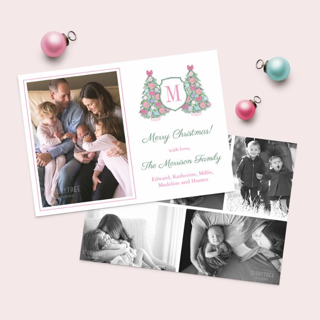 Cartão De Festividades Natal da Colagem de Fotos do Monograma Máximo Mode (Vibrant monogram photo Christmas cards featuring a Holidays tree ornately decorated in jewel colors)