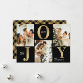 Cartão De Festividades Natal da Colagem de Fotos Dourada de Joy Preta Ele