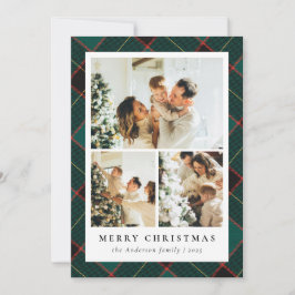 Cartão De Festividades Natal da Colagem de Fotos e Xadrezes Verdes Clássi