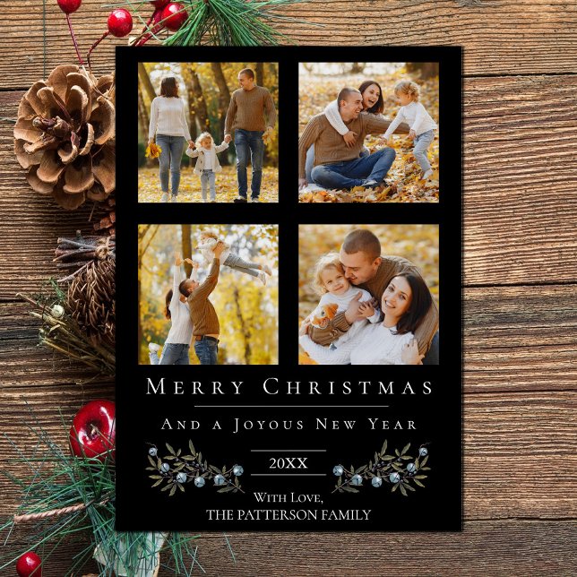 Cartão De Festividades Natal da Colagem de Fotos Jingle Bells | Branco (Black Jingle Bells Four Photo Christmas Holiday Card)