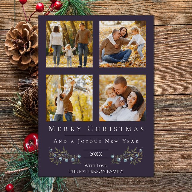 Cartão De Festividades Natal da Colagem de Fotos Jingle Bells | Roxa (Purple Jingle Bells Four Photo Christmas Holiday Card)