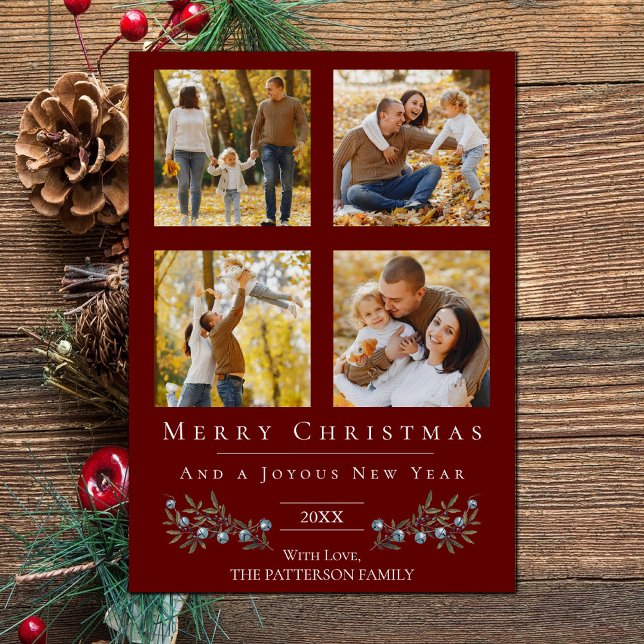 Cartão De Festividades Natal da Colagem de Fotos Jingle Bells | Vermelha (Red Jingle Bells Four Photo Christmas Holiday Card)