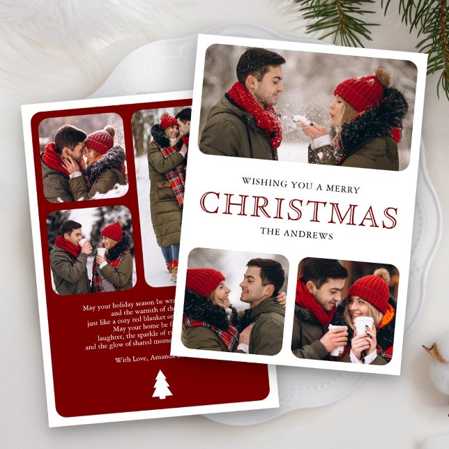 Cartão De Festividades Natal da Colagem de Fotos Mínima 6 Vermelha Modern (Criador carregado)