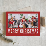 Cartão De Festividades Natal da Colagem de Fotos Vermelha da Tipografia M<br><div class="desc">Feliz Natal! Mande seus desejos calorosos esta temporada com este cartão de Natal personalizável para colagem de fotos. Apresenta uma tipografia simples com fundo vermelho. Personalize adicionando suas fotos,  nomes,  ano e outros detalhes. Este cartão de Natal moderno está disponível em outras cores e estoque de papelão.</div>