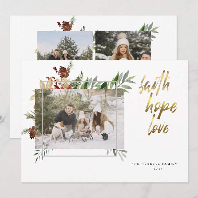 Cartão De Festividades Natal da Elegante Dourada Calliografia Três Fotogr (Frente/Verso)