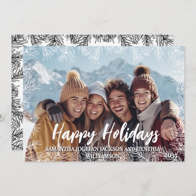 Cartão De Festividades Natal da família Botânica Moderna Negra (Frente/Verso)