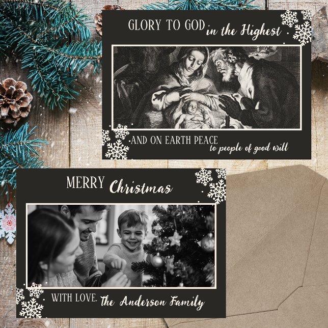 Cartão De Festividades Natal da família cristã negra e branca (Black & White Vintage Modern Classic Religious Christian Catholic Christmas Photo Holiday Card)