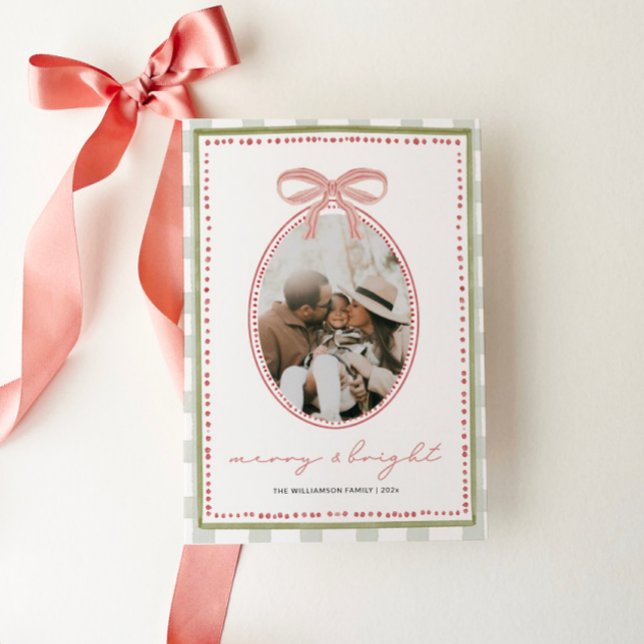 Cartão De Festividades Natal da família de Arcos cor-de-rosa pré-ppy (Preppy Pink Watercolor Family Photo Christmas Card)
