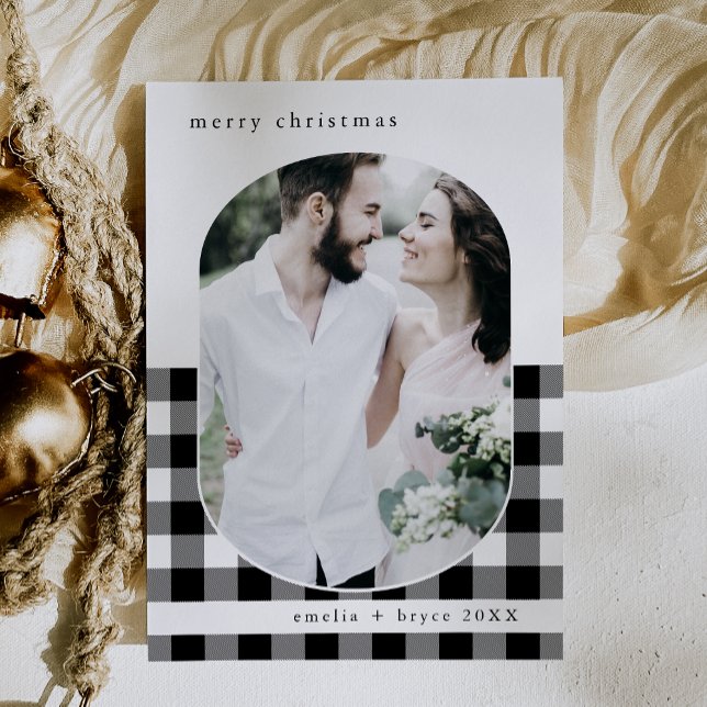 Cartão De Festividades Natal da Família de Xadrezes Negra de Buffalo (ANNA Black Buffalo Plaid Family Photo Christmas Holiday Card)