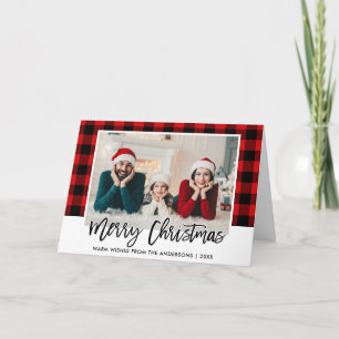 Cartão De Festividades Natal da Família de Xadrezes Vermelhas do Escovo S
