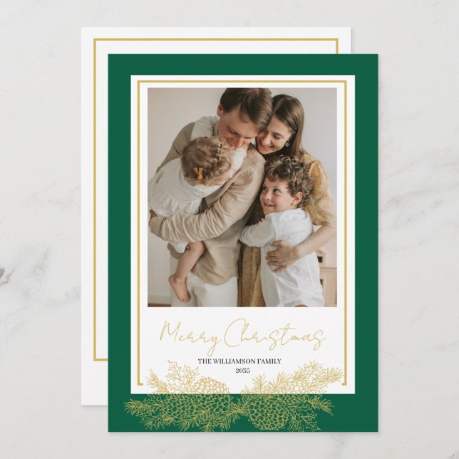 Cartão De Festividades Natal da família Elegante Moderna e Dourada Verde (Frente/Verso)