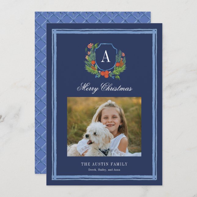 Cartão De Festividades Natal da Família Monograma com Aquarela (Frente/Verso)