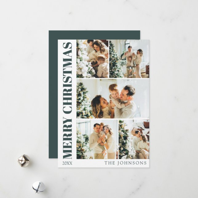 Cartão De Festividades Natal da família Na moda Verde-Escuro Moderno (Frente/Verso In Situ)