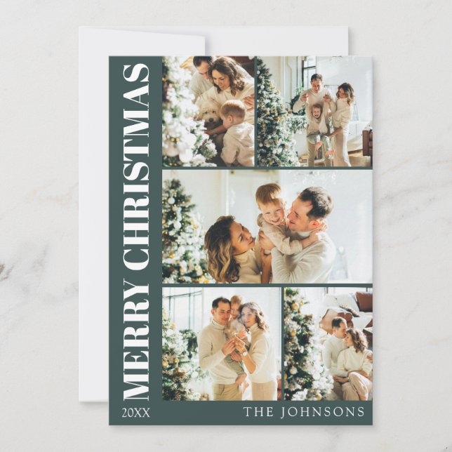 Cartão De Festividades Natal da família Na moda Verde-Escuro Moderno (Frente)