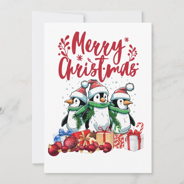 Cartão De Festividades Natal da Família Pinguim (Frente)