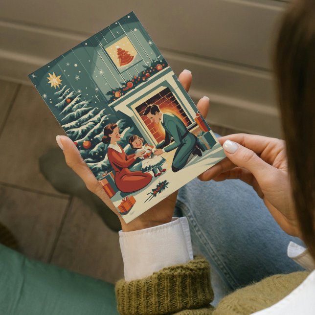 Cartão De Festividades Natal da família Retro pela Lareira (Criador carregado)