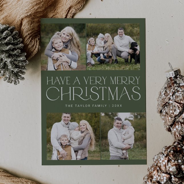 Cartão De Festividades Natal da Família Simples CHARLIE Green (CHARLIE Green Simple Family Multi Photo Christmas Holiday Card)