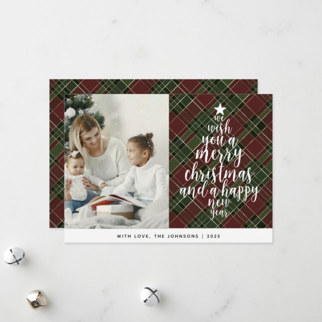 Cartão De Festividades Natal da Família Tartan Clássica Elegante (Frente/Verso In Situ)