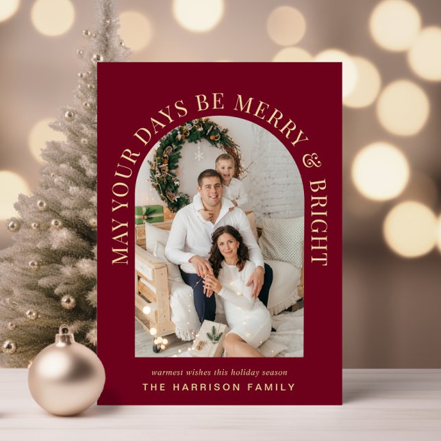 Cartão De Festividades Natal da Feliz de Foto do Arch Elegante Bright Bur (Share the love and warmth of the season with an elegant arch photo Christmas card)