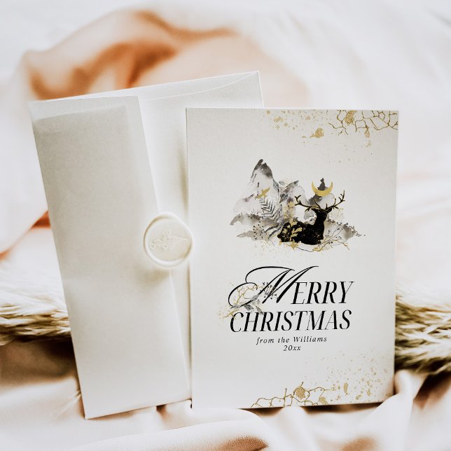 Cartão De Festividades Natal da Floresta Mágica de Lua Dourada Moderna (Criador carregado)