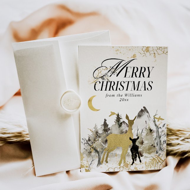 Cartão De Festividades Natal da Floresta Mágica de Lua Dourada Moderna (Criador carregado)