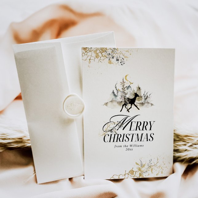Cartão De Festividades Natal da Floresta Mágica Dourada e Negra (Criador carregado)