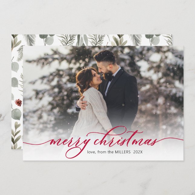 Cartão De Festividades Natal da Folhagem do Script Vermelho Caligrafia (Frente/Verso)