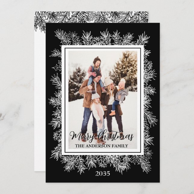 Cartão De Festividades Natal da Imagem Botânica Negra Elegante (Frente/Verso)
